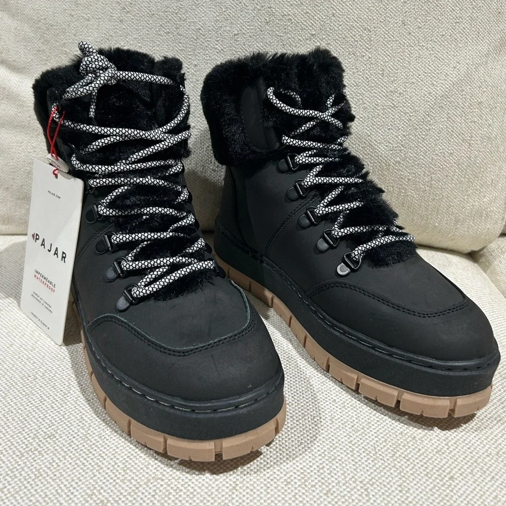 Pajar Chalet Black Faux Fur Waterproof Winter Snow Boots Women's Size 7 NWT